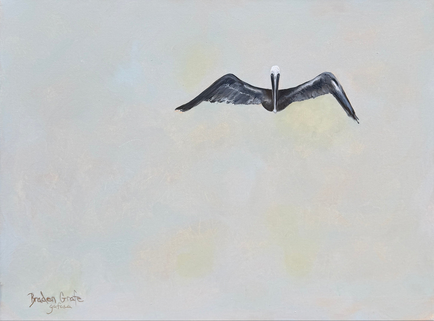 Black and white painting of a pelican flying against a light gray/blue background