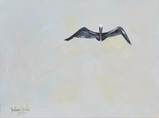 Black and white painting of a pelican flying against a light gray/blue background